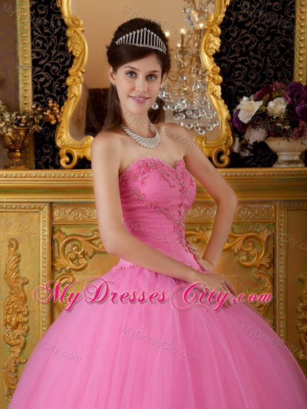 Puffy Embroidery With Beading Sweetheart Rose Pink Quinceanera Gowns