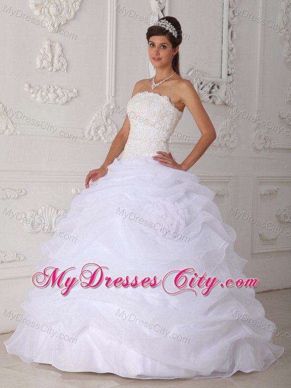 Pretty Strapless Lace Pick Ups White Quinceanera Gowns For Cheap