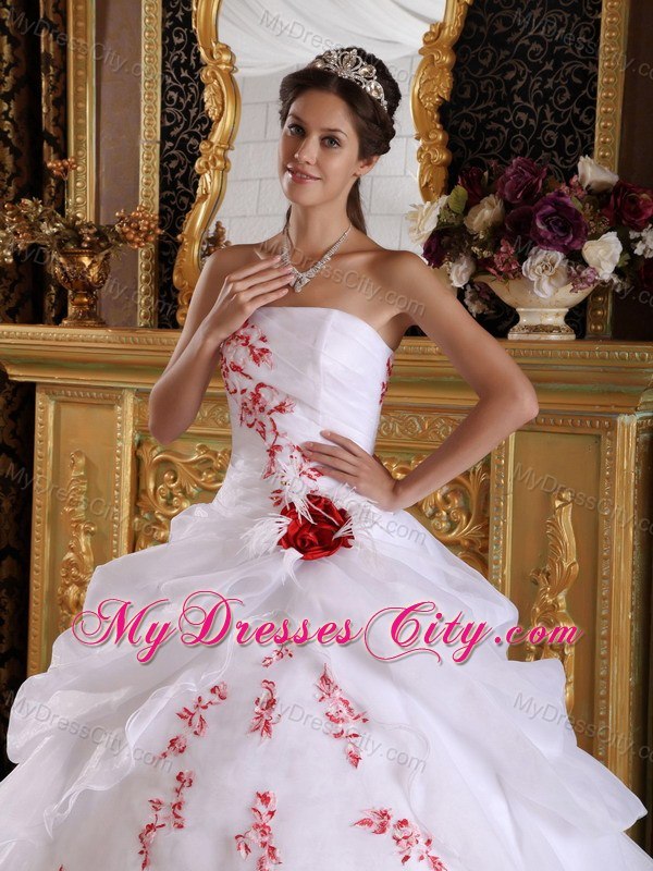 Red Embroidery Strapless Pick Ups White Quinceanera Dresses 2013