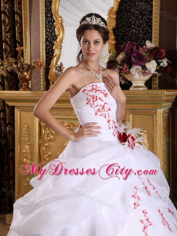 Red Embroidery Strapless Pick Ups White Quinceanera Dresses 2013