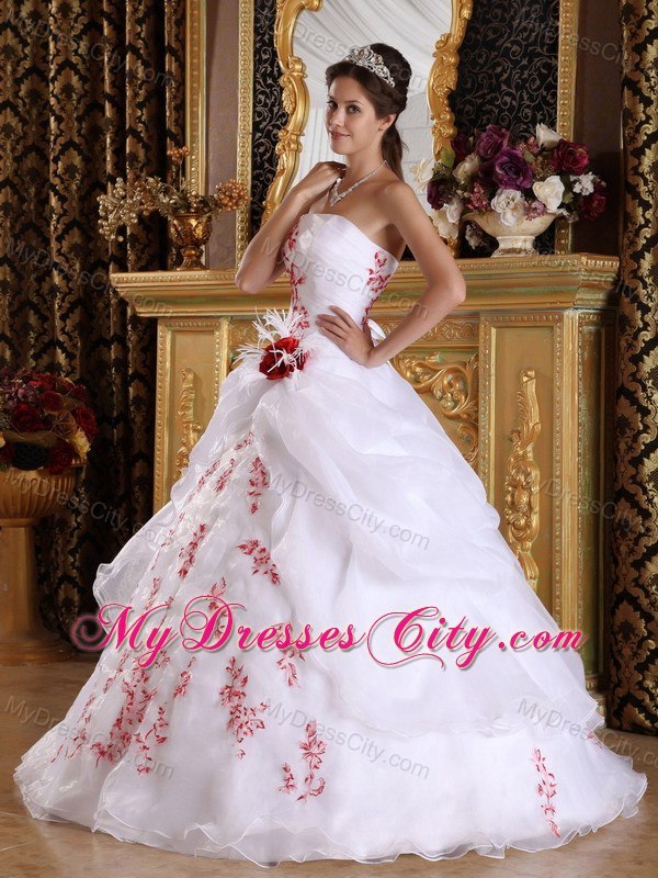 Red Embroidery Strapless Pick Ups White Quinceanera Dresses 2013