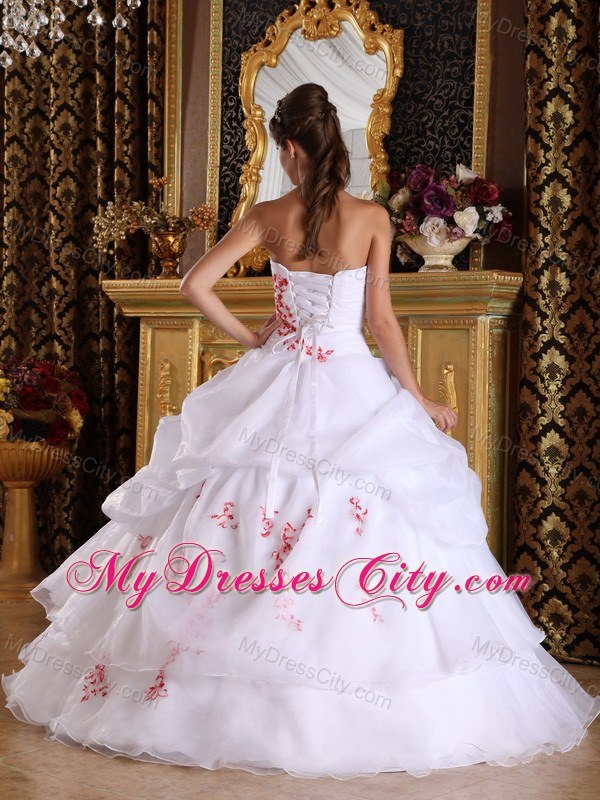 Red Embroidery Strapless Pick Ups White Quinceanera Dresses 2013