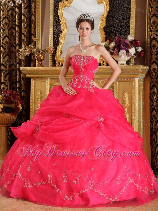 Organza Appliques Strapless Pick Ups Coral Red Quinceanera Dresses