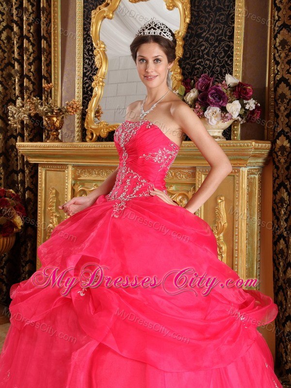 Organza Appliques Strapless Pick Ups Coral Red Quinceanera Dresses