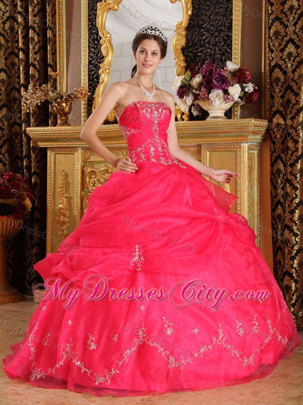 Organza Appliques Strapless Pick Ups Coral Red Quinceanera Dresses