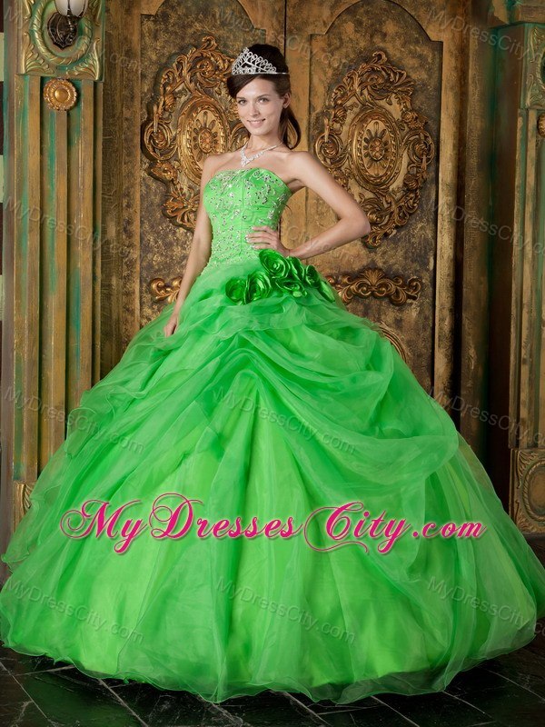 Flowers Strapless Appliques With Beading Quinceanera Dress In Spring Green