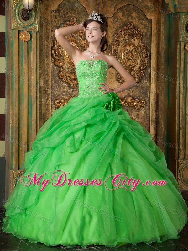 Flowers Strapless Appliques With Beading Quinceanera Dress In Spring Green