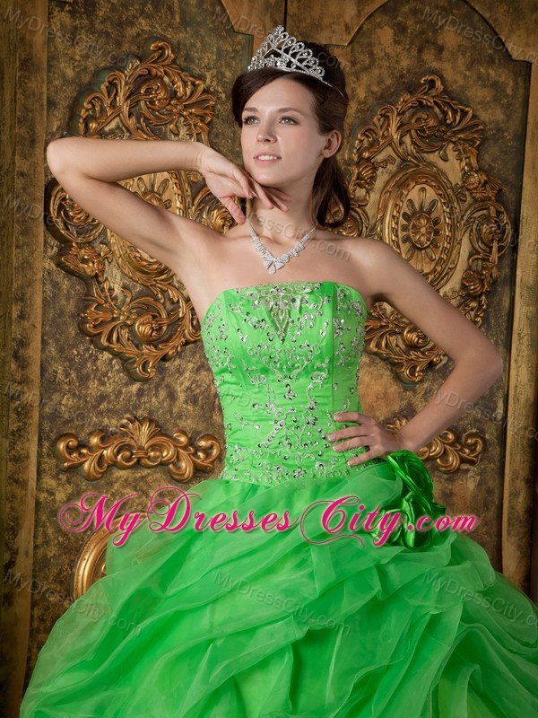 Flowers Strapless Appliques With Beading Quinceanera Dress In Spring Green