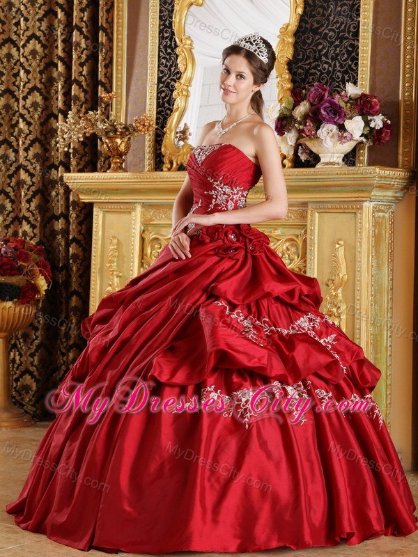 Appliques Ruching Pick Ups Wine Red Quinceanera Gowns 2013