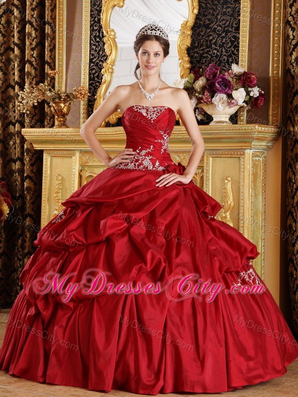 Appliques Ruching Pick Ups Wine Red Quinceanera Gowns 2013