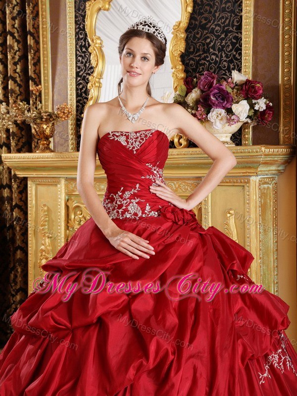 Appliques Ruching Pick Ups Wine Red Quinceanera Gowns 2013