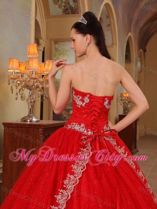 Hot Sale Appliques Strapless Organza Red Dresses For 2013 Sweet 16