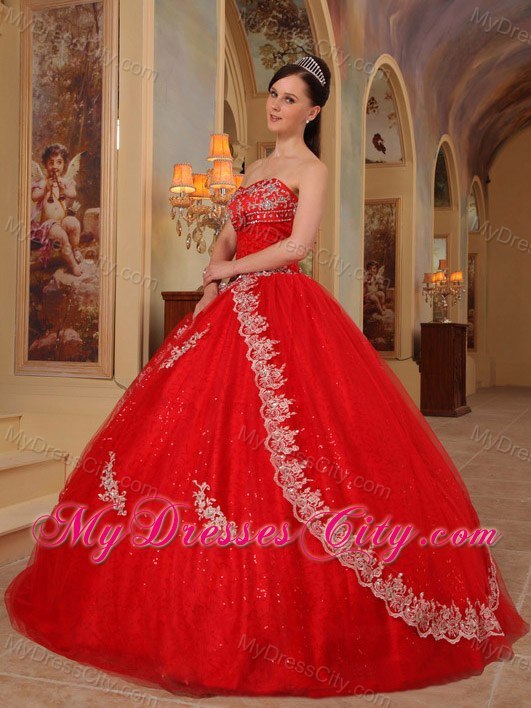 Hot Sale Appliques Strapless Organza Red Dresses For 2013 Sweet 16