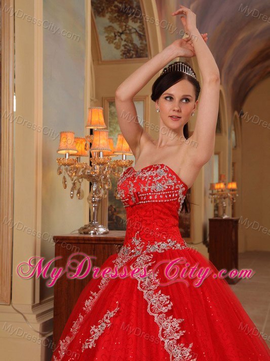 Hot Sale Appliques Strapless Organza Red Dresses For 2013 Sweet 16