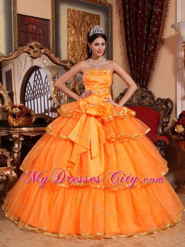 Strapless Gold Hem Tiers Orange Quinceanera Dresses With Bowknot