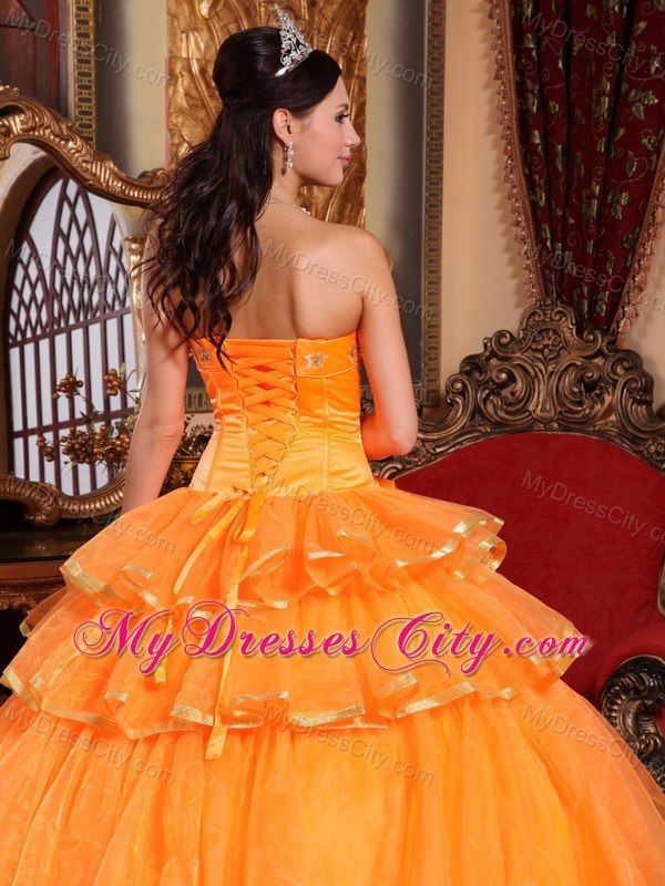 Strapless Gold Hem Tiers Orange Quinceanera Dresses With Bowknot