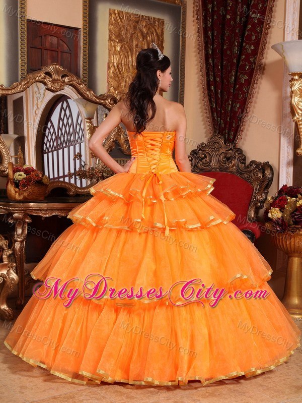 Strapless Gold Hem Tiers Orange Quinceanera Dresses With Bowknot