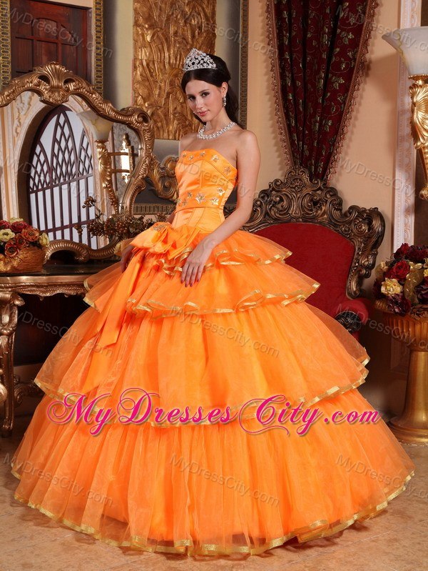 Strapless Gold Hem Tiers Orange Quinceanera Dresses With Bowknot