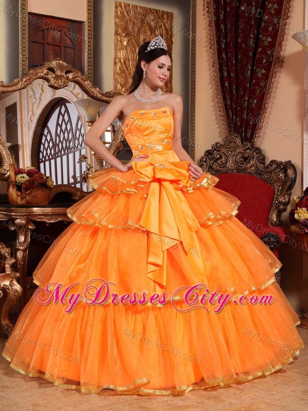 Strapless Gold Hem Tiers Orange Quinceanera Dresses With Bowknot