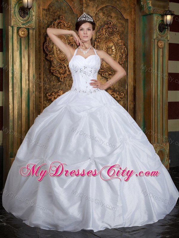 Elegant Halter Top Beaded Cheap Puffy Quinceanera Gowns In White