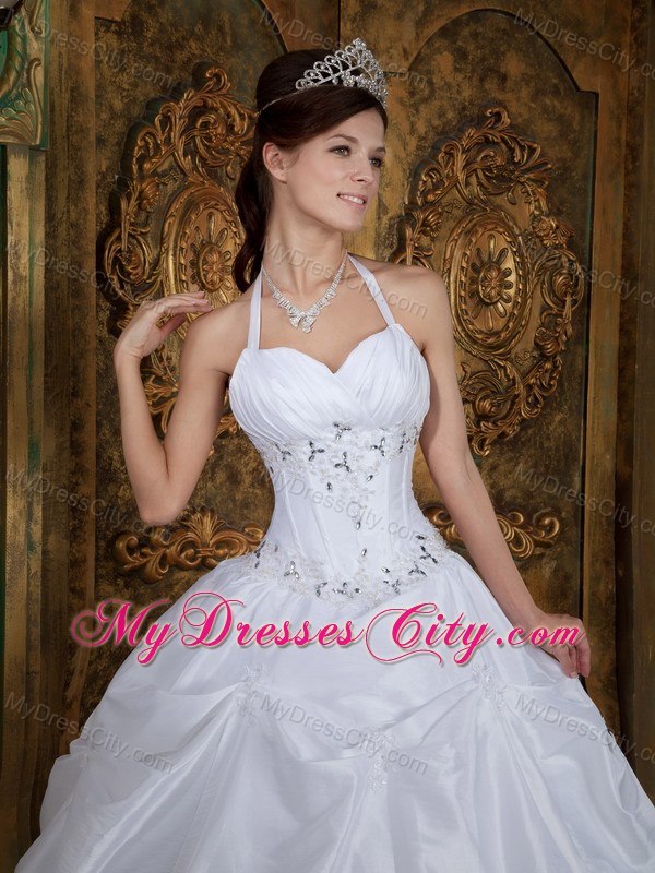 Elegant Halter Top Beaded Cheap Puffy Quinceanera Gowns In White