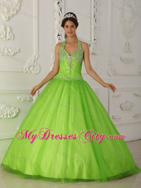 Beaded Halter Top A-line Tulle Spring Green Dresses For 2013 Quince