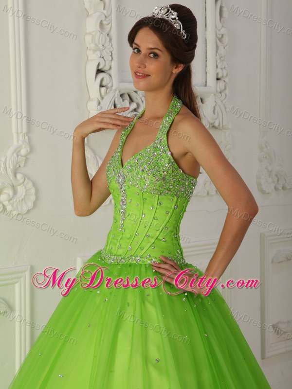 Beaded Halter Top A-line Tulle Spring Green Dresses For 2013 Quince