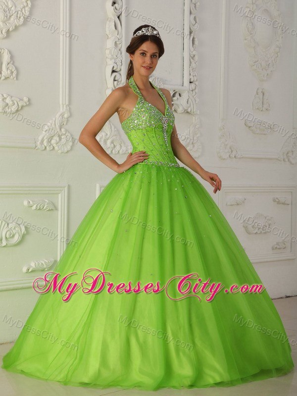 Beaded Halter Top A-line Tulle Spring Green Dresses For 2013 Quince