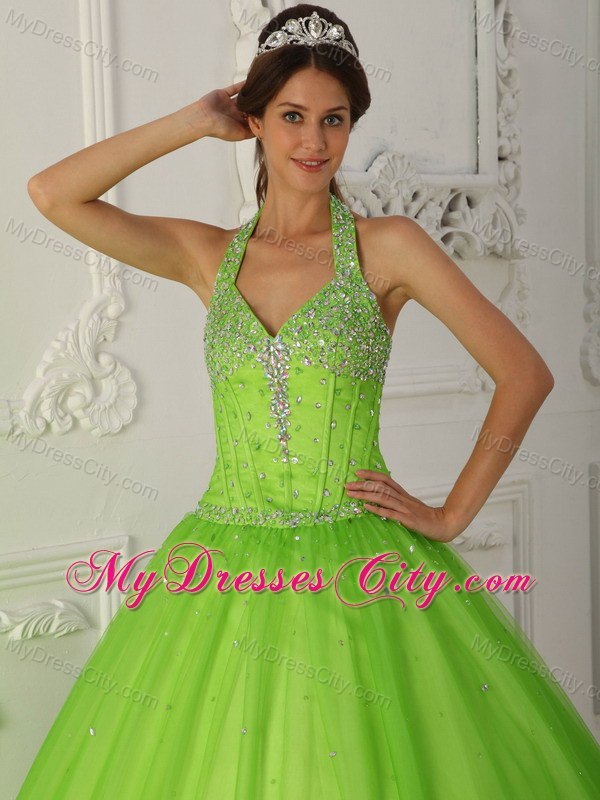 Beaded Halter Top A-line Tulle Spring Green Dresses For 2013 Quince