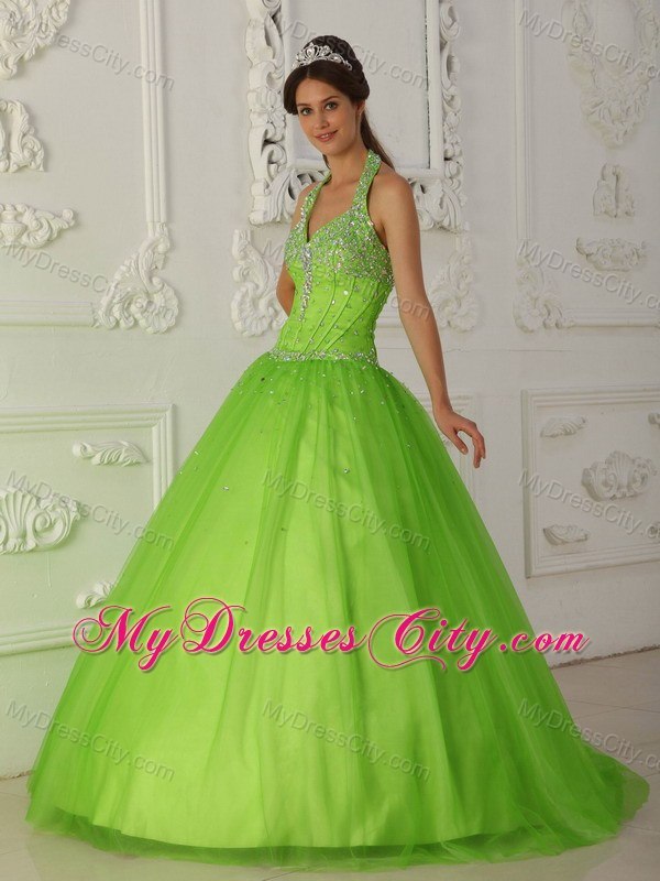 Beaded Halter Top A-line Tulle Spring Green Dresses For 2013 Quince