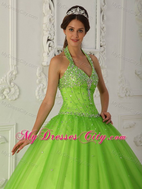 Beaded Halter Top A-line Tulle Spring Green Dresses For 2013 Quince