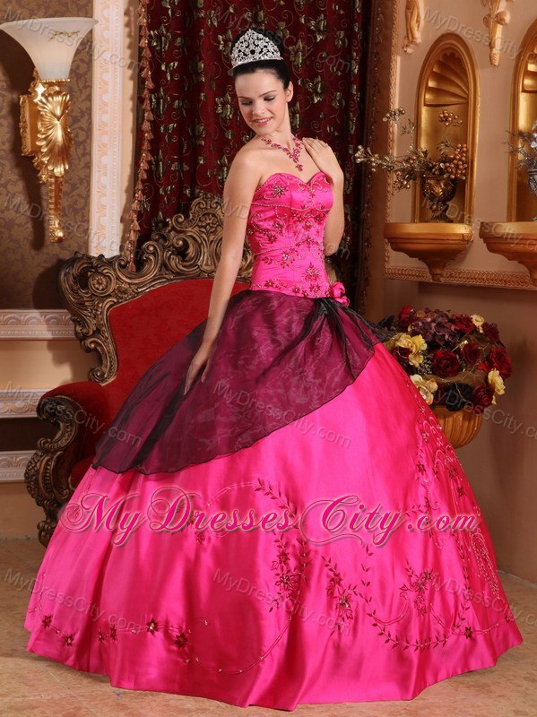 Hot Sale Sweetheart Embroidery With Beading Hot Pink Quinceanera Gowns