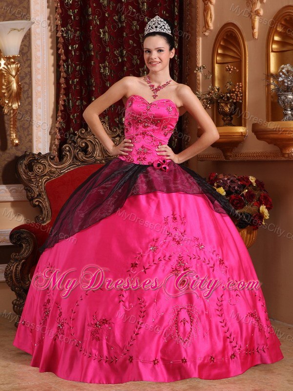 Hot Sale Sweetheart Embroidery With Beading Hot Pink Quinceanera Gowns