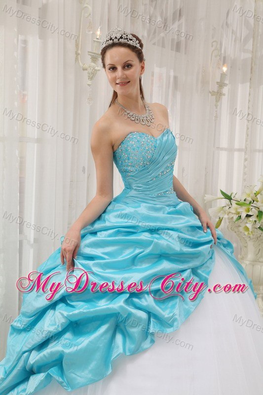 Beaded Ruching Pick Ups Aqua Blue and White Dresses For Sweet 15