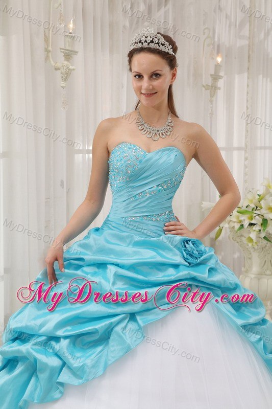 Beaded Ruching Pick Ups Aqua Blue and White Dresses For Sweet 15