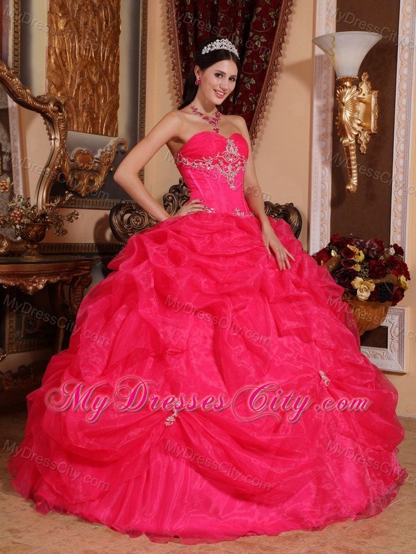 Appliques Sweetheart Pick Ups Coral Red Quinceanera Dresses