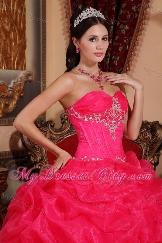 Appliques Sweetheart Pick Ups Coral Red Quinceanera Dresses