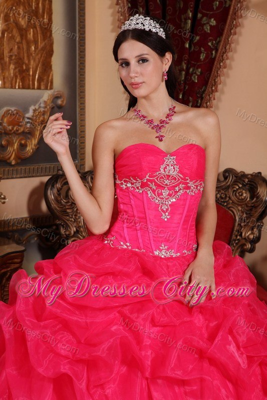 Appliques Sweetheart Pick Ups Coral Red Quinceanera Dresses