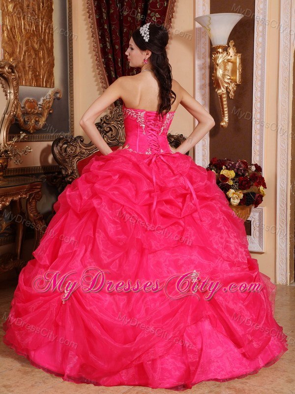 Appliques Sweetheart Pick Ups Coral Red Quinceanera Dresses