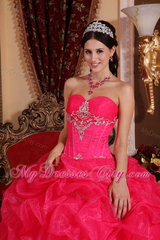 Appliques Sweetheart Pick Ups Coral Red Quinceanera Dresses