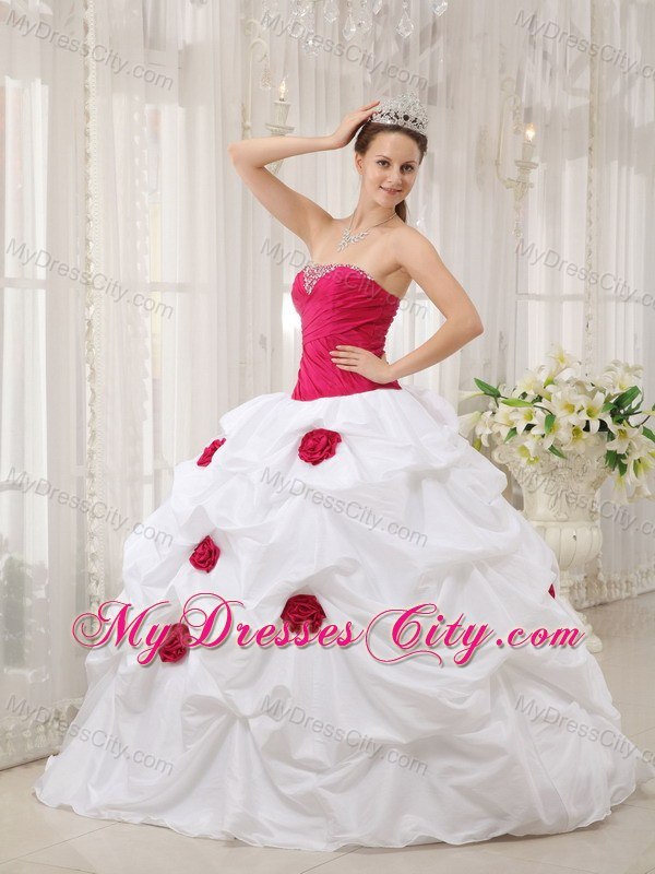 Red Flowers Beaded Ruching Hot Pink and White Dress For Quince