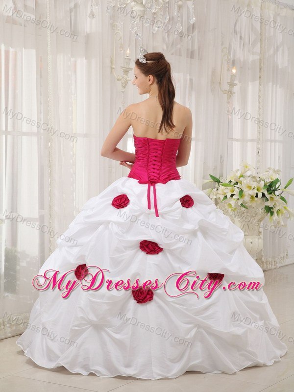 Red Flowers Beaded Ruching Hot Pink and White Dress For Quince