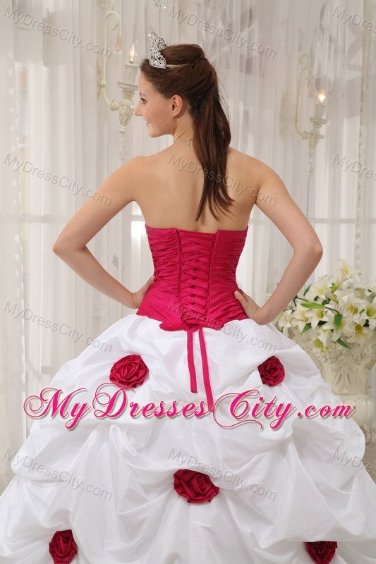 Red Flowers Beaded Ruching Hot Pink and White Dress For Quince