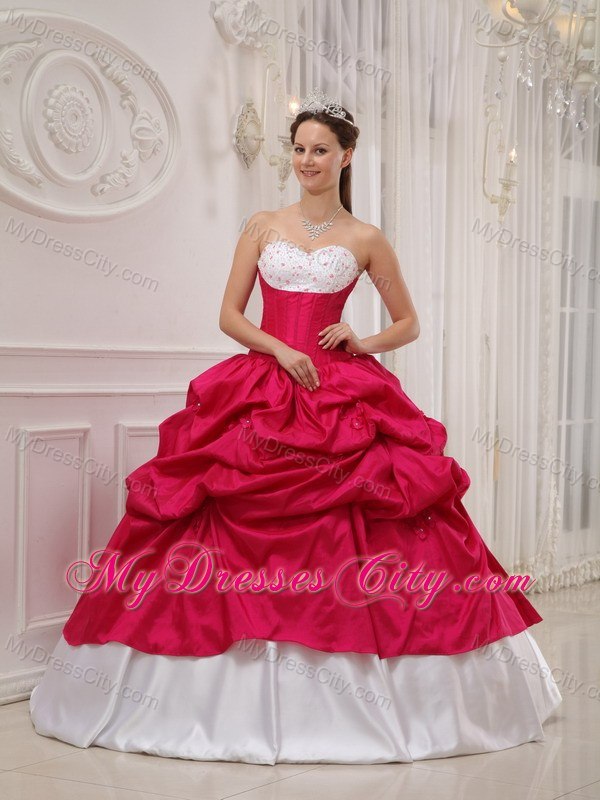 Elegant Beaded Pick Ups White and Coral Red Quinceanera Dresses