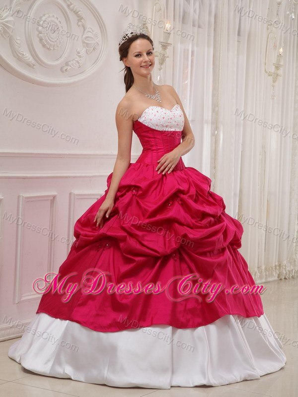 Elegant Beaded Pick Ups White and Coral Red Quinceanera Dresses