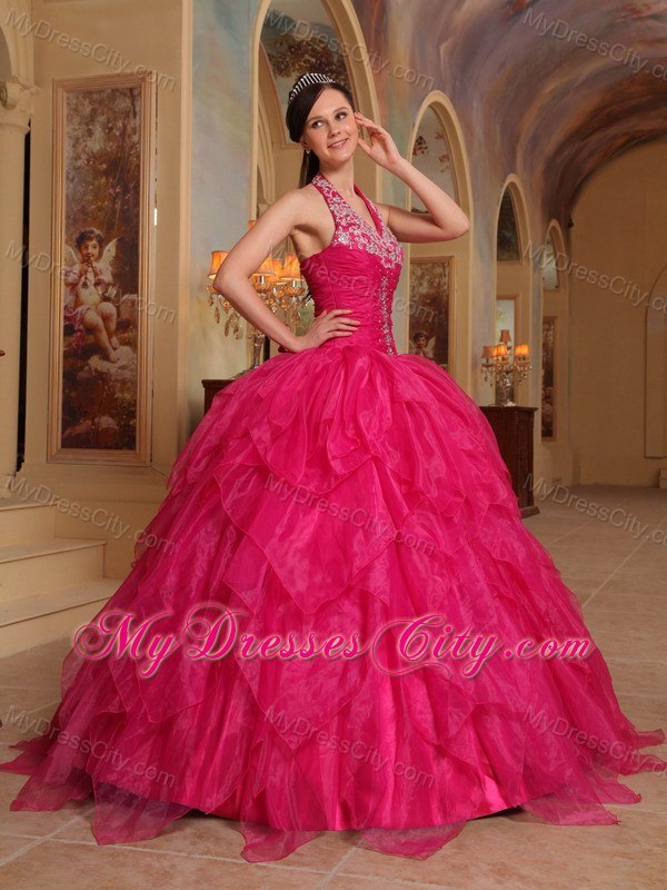 Pretty Appliques Halter Top Ruffles Hot Pink Quinceanera Dresses