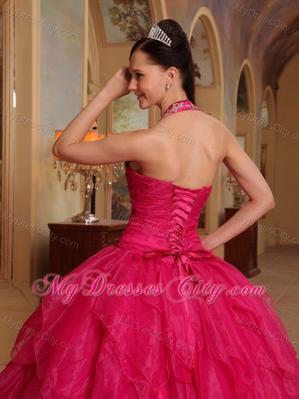 Pretty Appliques Halter Top Ruffles Hot Pink Quinceanera Dresses