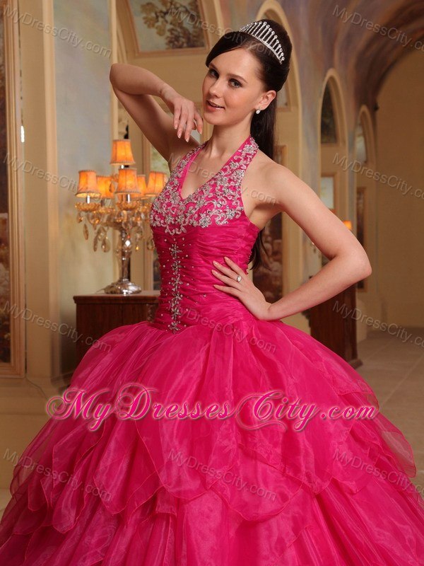 Pretty Appliques Halter Top Ruffles Hot Pink Quinceanera Dresses