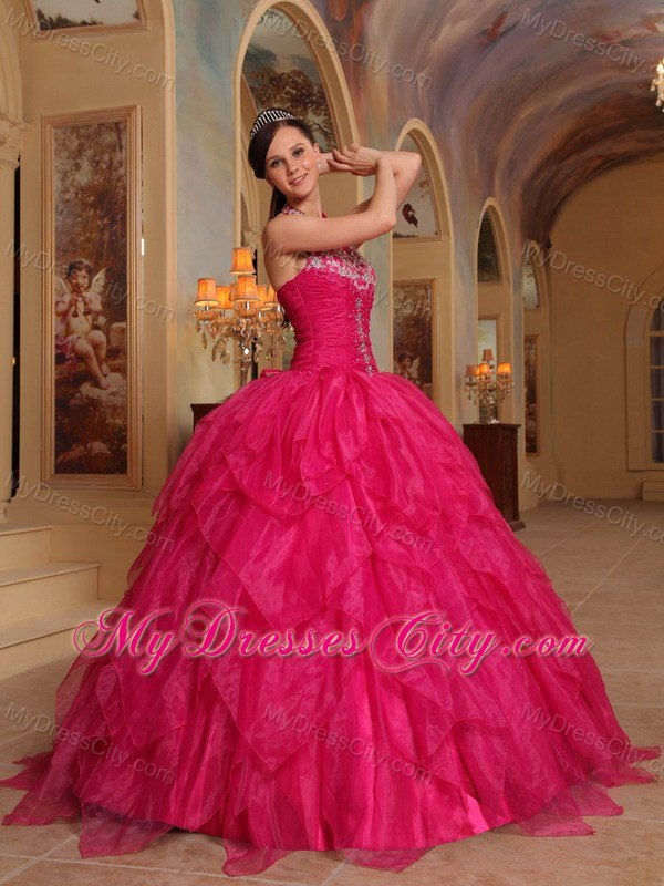 Pretty Appliques Halter Top Ruffles Hot Pink Quinceanera Dresses