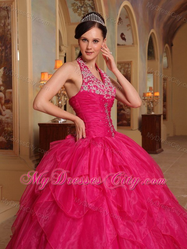 Pretty Appliques Halter Top Ruffles Hot Pink Quinceanera Dresses